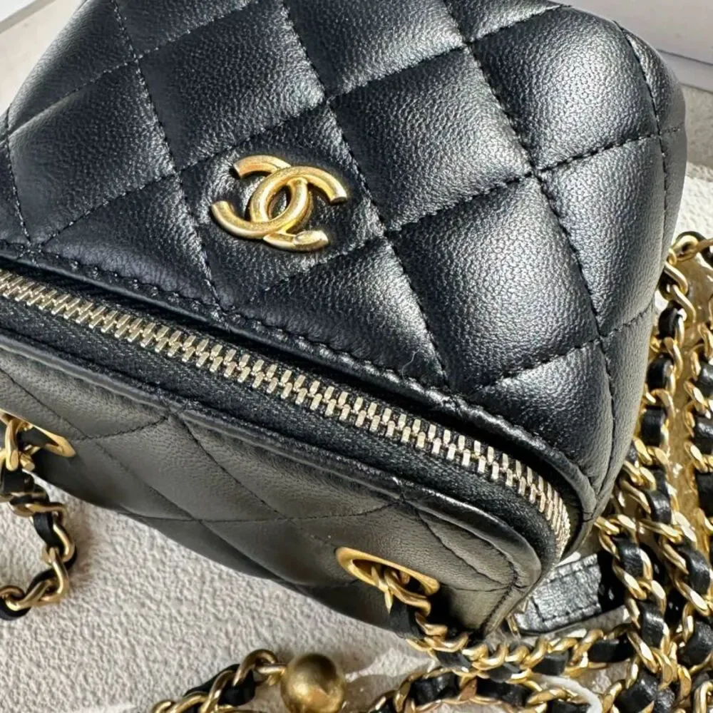 CHANEL Black Quilted Lambskin Mini Vanity Bag with Gold Hardware